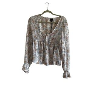 Mod Lusive Top Size Medium Peach Blue Floral Printed Tie‎ Neck Blouse Feminine
